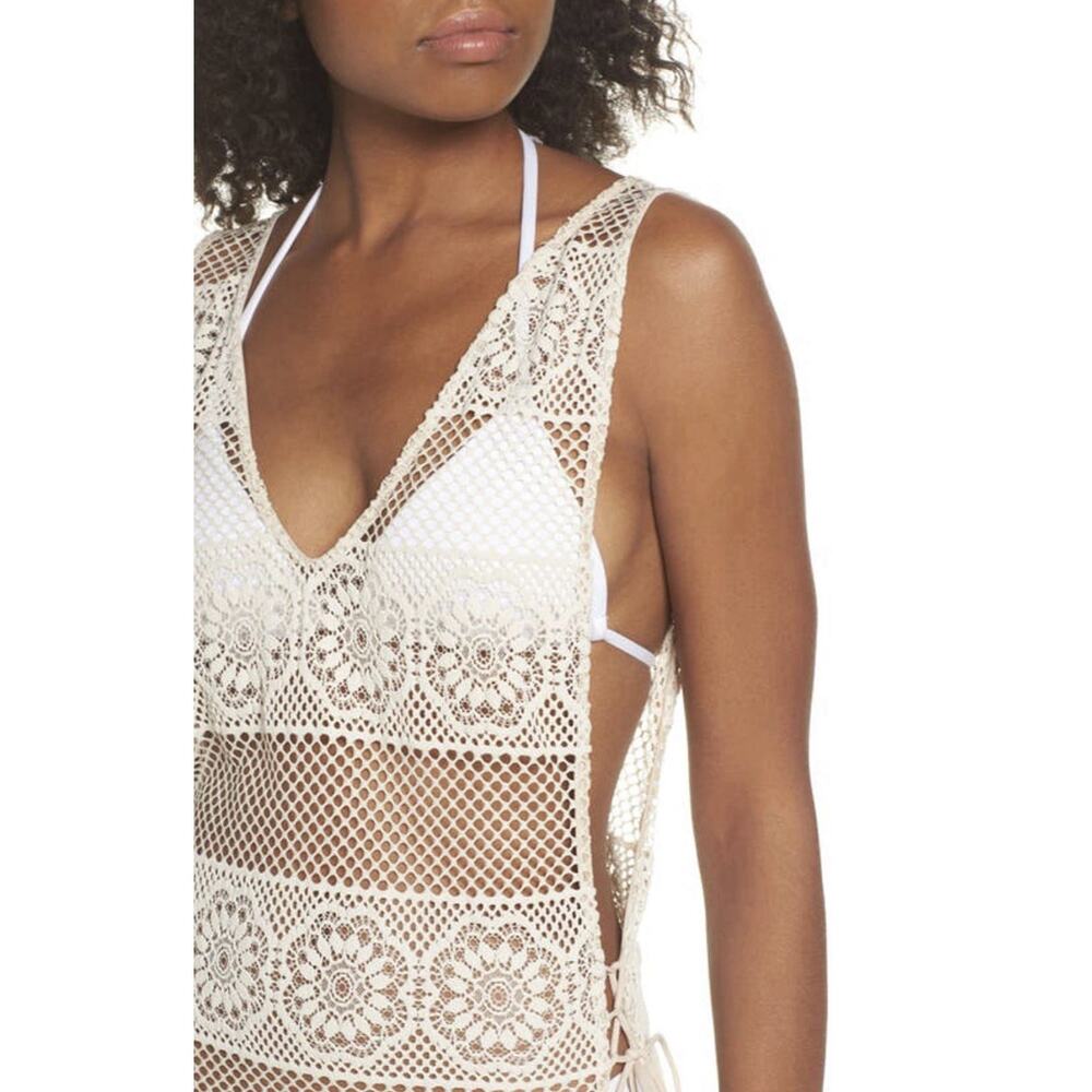 PilyQ Womens Lace Up Side V Neck Open Knit Cover Up Beige SzS Perfect For Beach - Picture 5 of 16